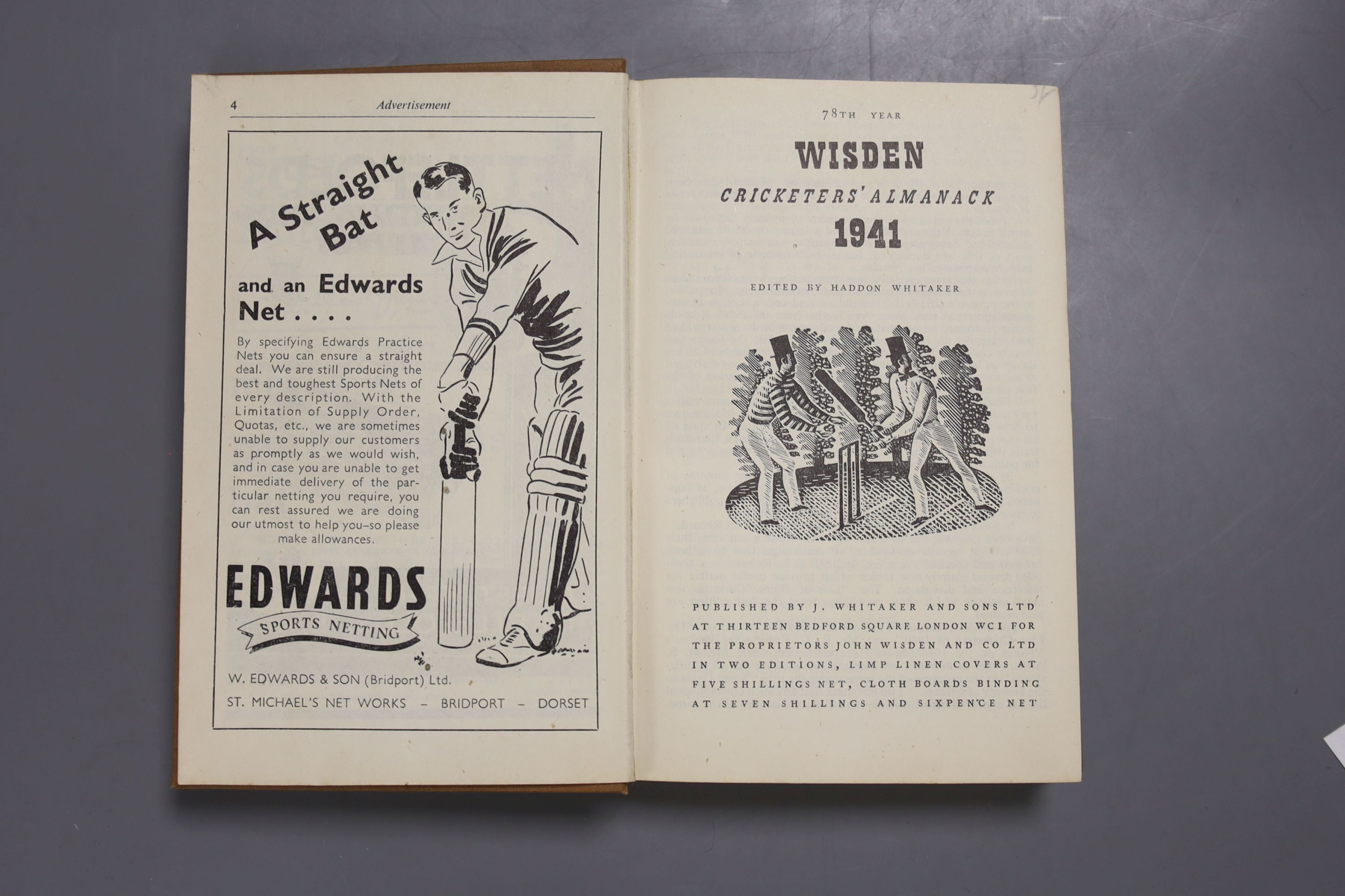 Wisden Cricketer's Almanack, 1941 - pictorial title vignette, photo plates; gilt lettered brown cloth preserving the original pictorial